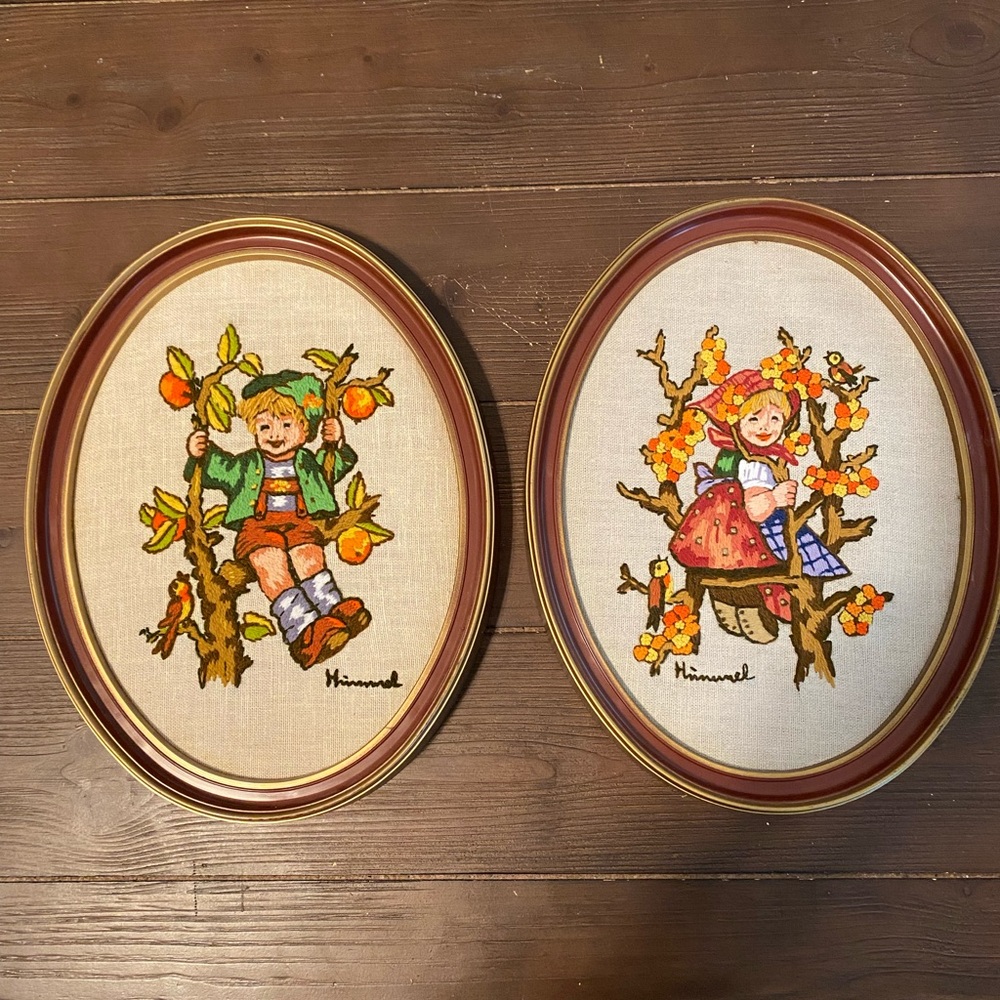 Vintage Oval Hummel Boy & Girl Apple Tree Crewel Stichery Frames.